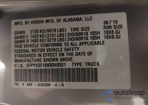 2019 Honda Ridgeline Sport z USA, uszkodzony, nr VIN 5FPYK3F16KB040531